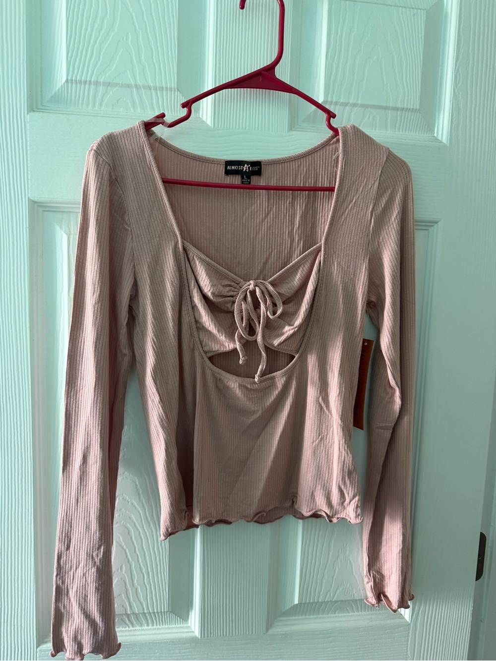 Almost Famous Dusty Pink Ribbed Long Sleeve Tie-Front Top